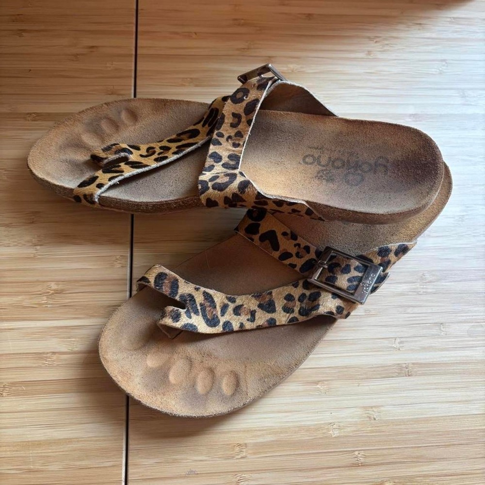 Yokono Leopard Print Calf Hair Cork Footbed Toe Loop Sandals Made in Spain